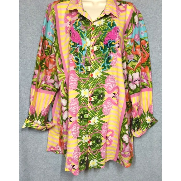 Antica Sartoria Flamingo Beaded Shirt Blouse 2X Cotton Button Up Boho Chic Beach - Picture 4 of 10